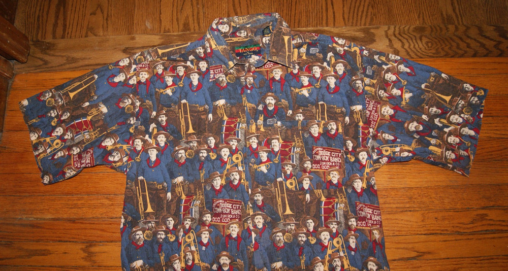 VTG 90s Tango Max Raab AOP Dodge City Cowboy Band Mens L Button SS Shirt